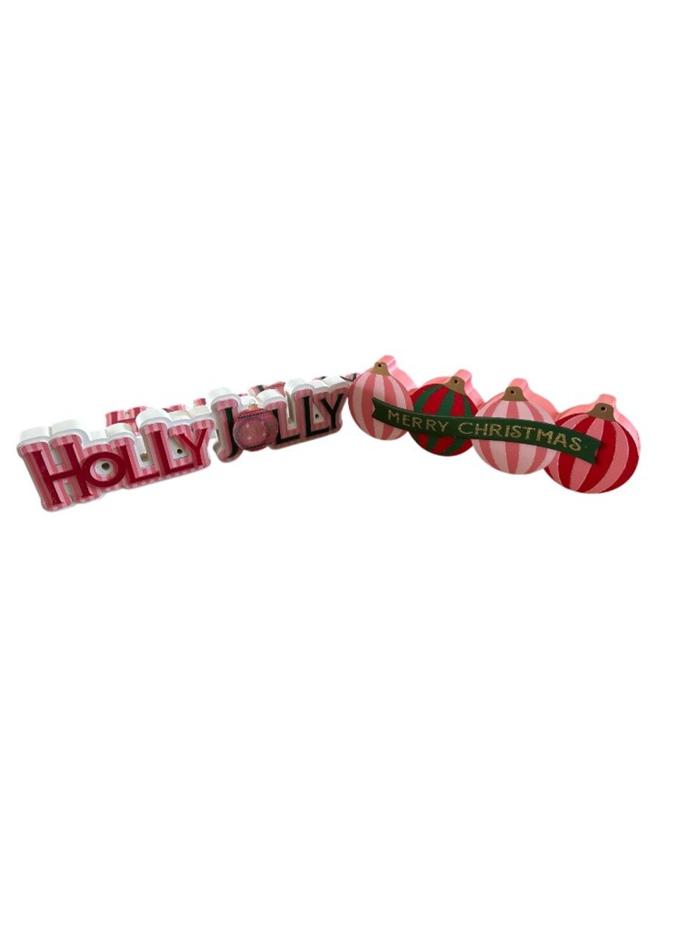 Holly Jolly & Merry Christmas Wooden Holiday Decor Set - Festive Pink & Red Stri